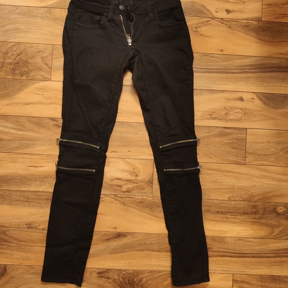 Black G Star denim jeans with bronze zippers knees